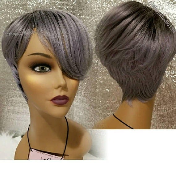Blue gray pixie cut wig human hair blend