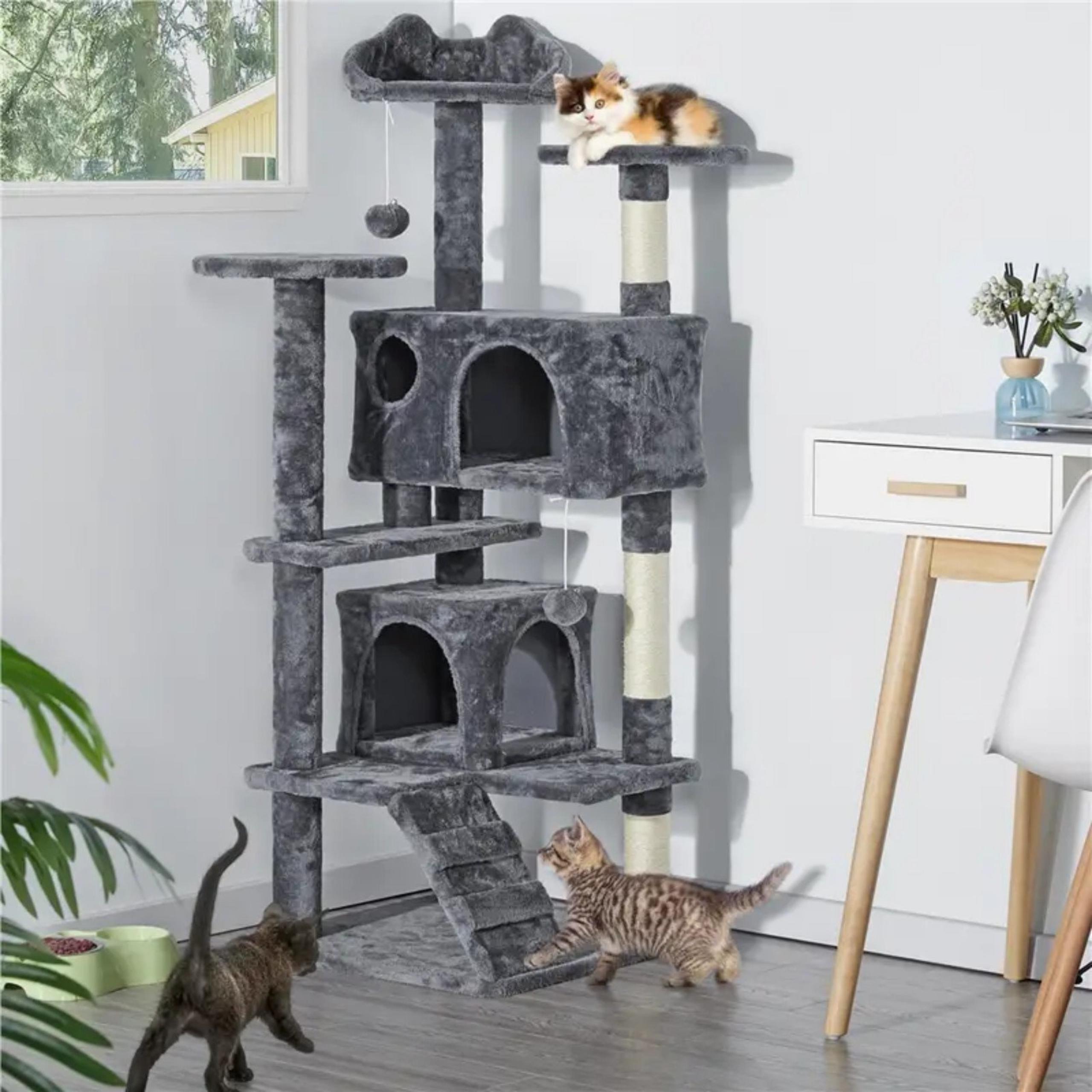 Cat Tree 54in Cat Tower Condo with 2 Condos & 2 Dangling Balls & 3 Scra
