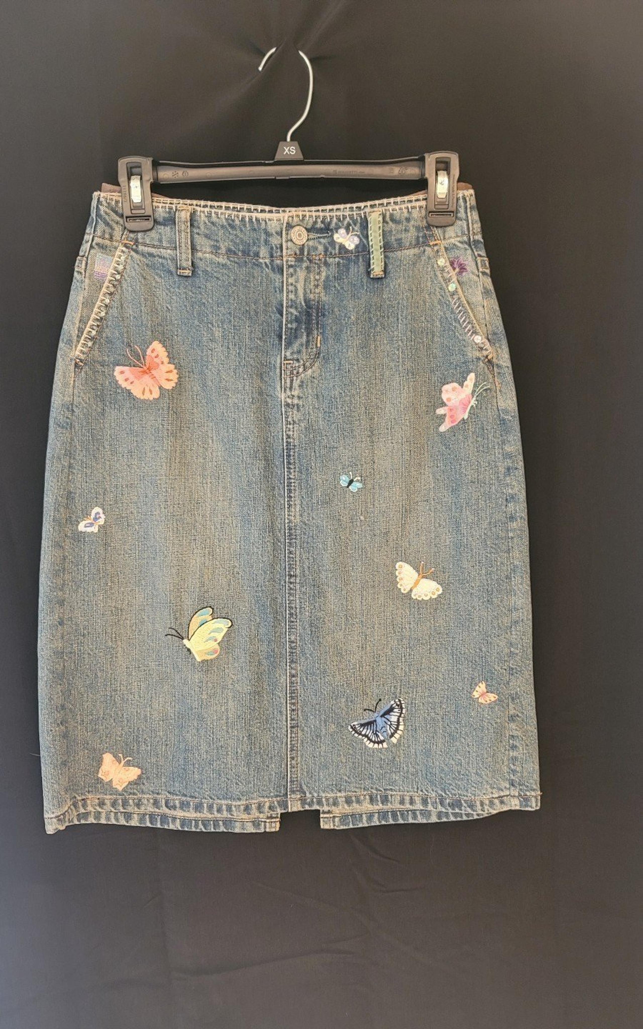 Vintage Butterfly Embroidered Jean Skirt