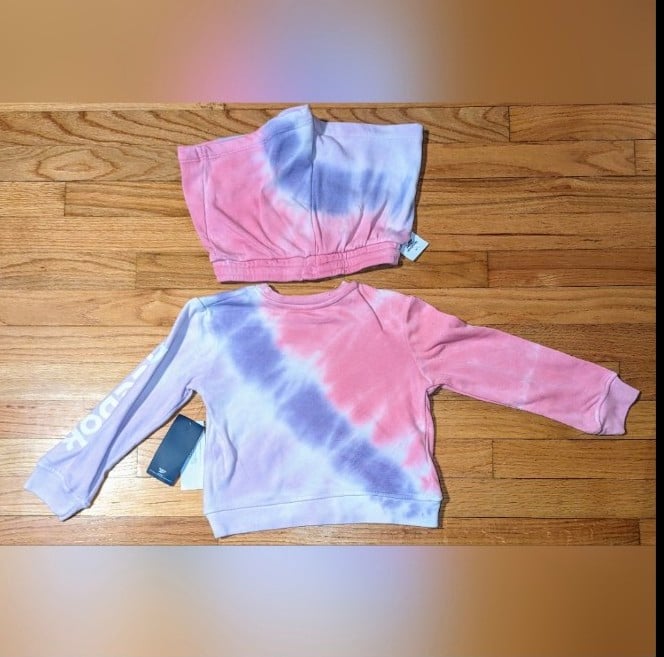 GIRLS Reebok Pink Sachet Set Sweatshirt SIZE 5 Diagonal Tie Dye Short Size 6