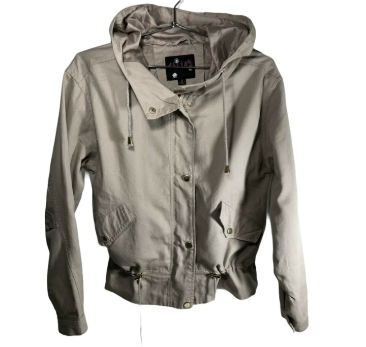 DELIA’S Womens Hooded Bomber Jacket Overall TAN Size Small