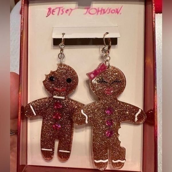 Betsey Johnson Giant Gingerbread Earrings Pierced Goldtone Christmas