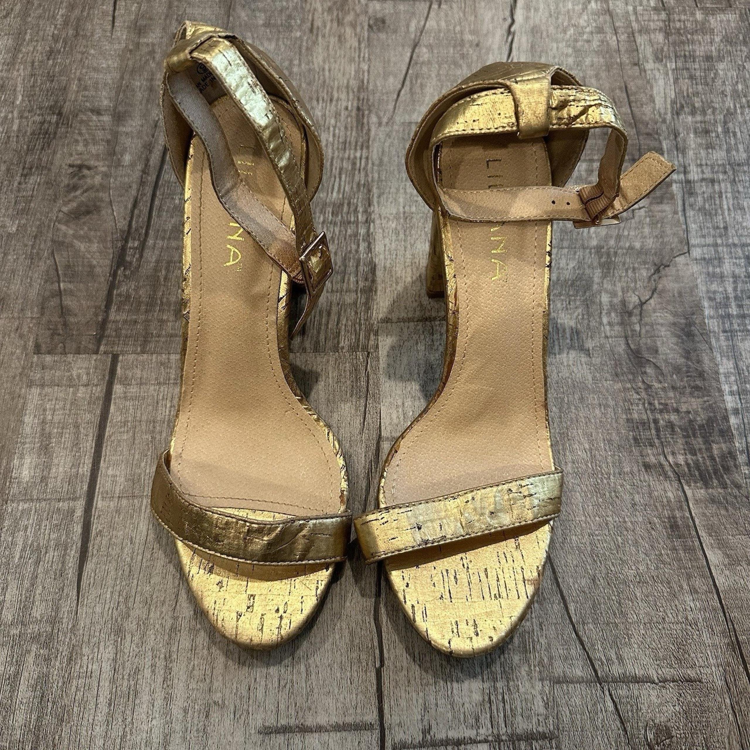 Liliana Shoes Morelo Gold Cork Ankle Strap Heels Open Toe Women's Size 9