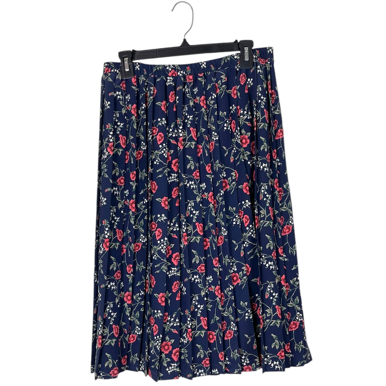 Vintage Y2K Leslie Fay Women's 14P Navy Blue Floral Pleated Skirt Cottagecore
