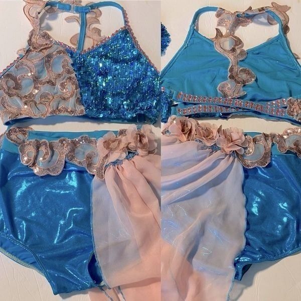 Glamour solo dance costume 2 piece blue pink sequin lace XLC-Extra large child