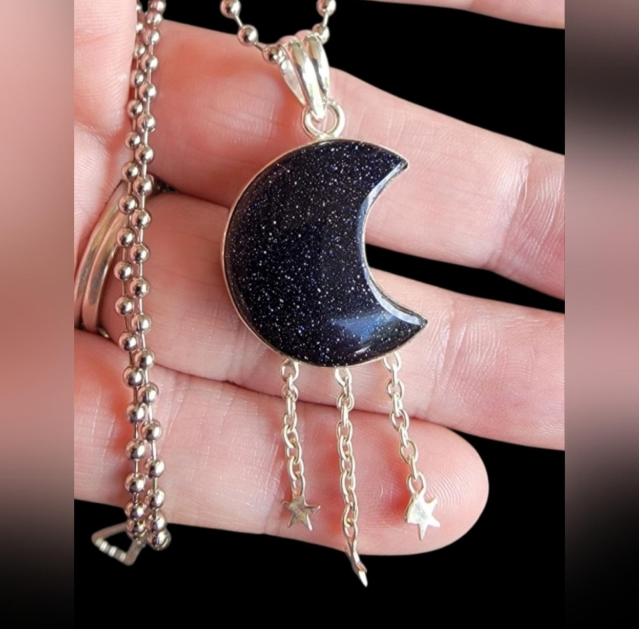 Blue Goldstone Moon w/ Stars Pendant Necklace