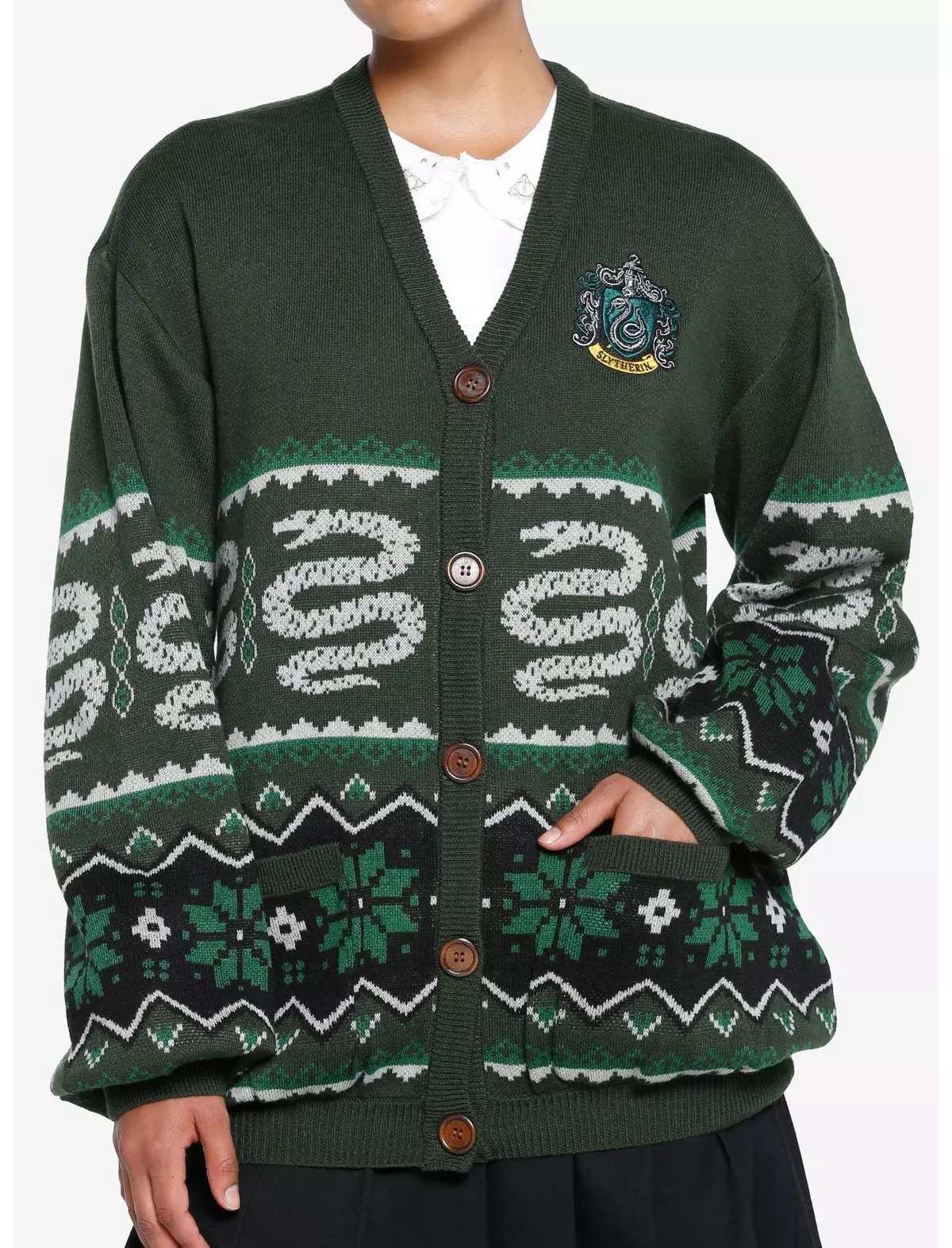 Harry Potter Slytherin Fair Isle Girls Cardigan Size Medium NEW