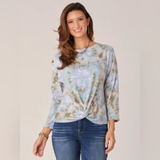 Democracy Three Quarter Sleeve Scoop Neck Twist Hem Abstract Print Knit Top XL