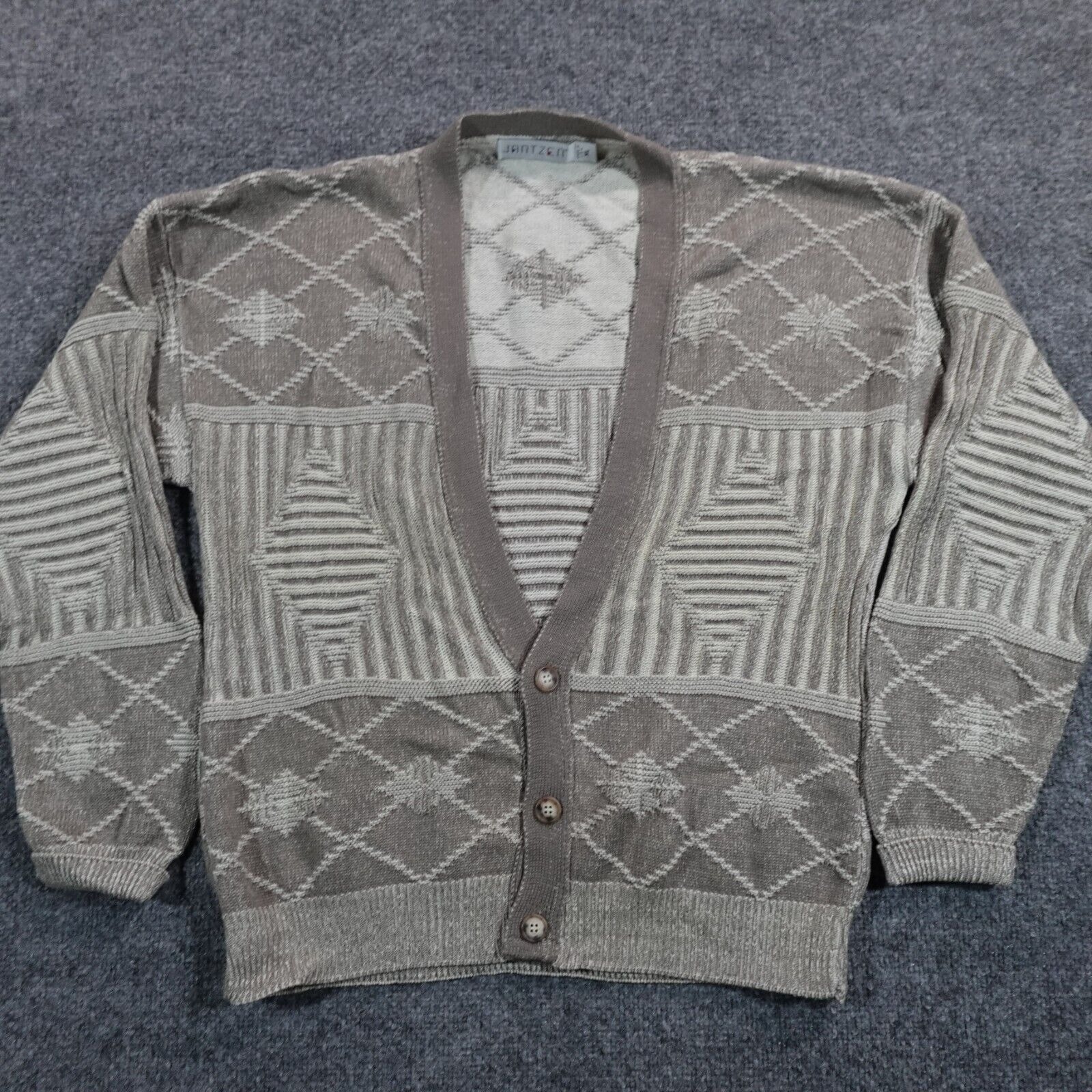 Vintage Jantzen Sweater Mens XL Beige Brown Cardigan Grandpa Button Up USA 12694