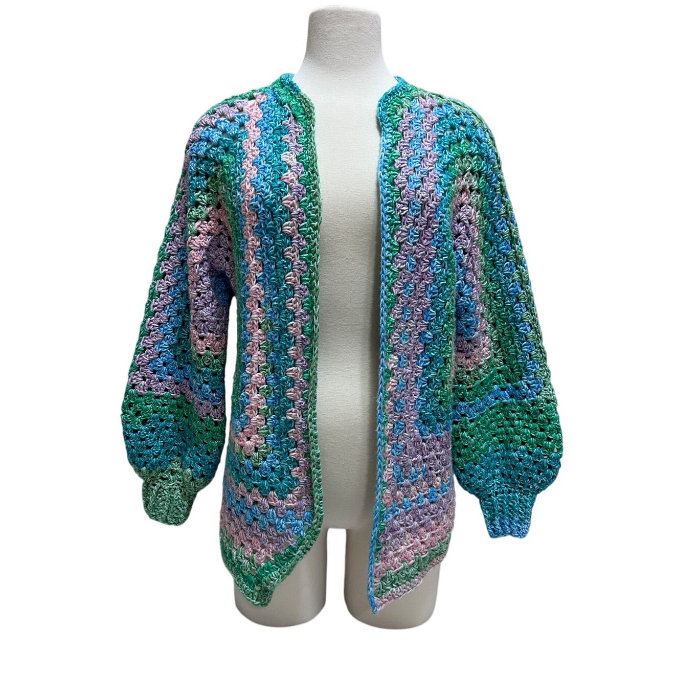 Handmade Artsy Knit Sweater Crochet O/S Pastel Rainbow Pink Green Boho Cottage