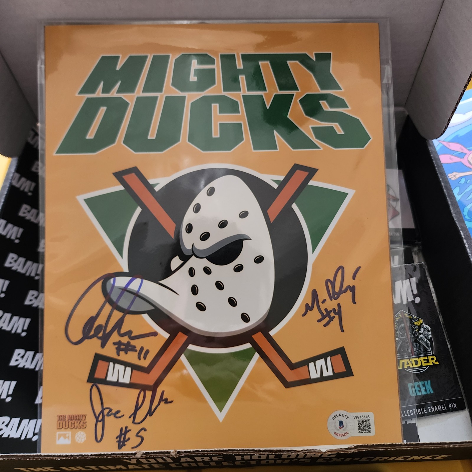 MIGHTY DUCKS TRIPLE AUTO BAM GEEK SIGNED 8x10 BECKETT PLANK/DOHERTY/SCHWARTZ