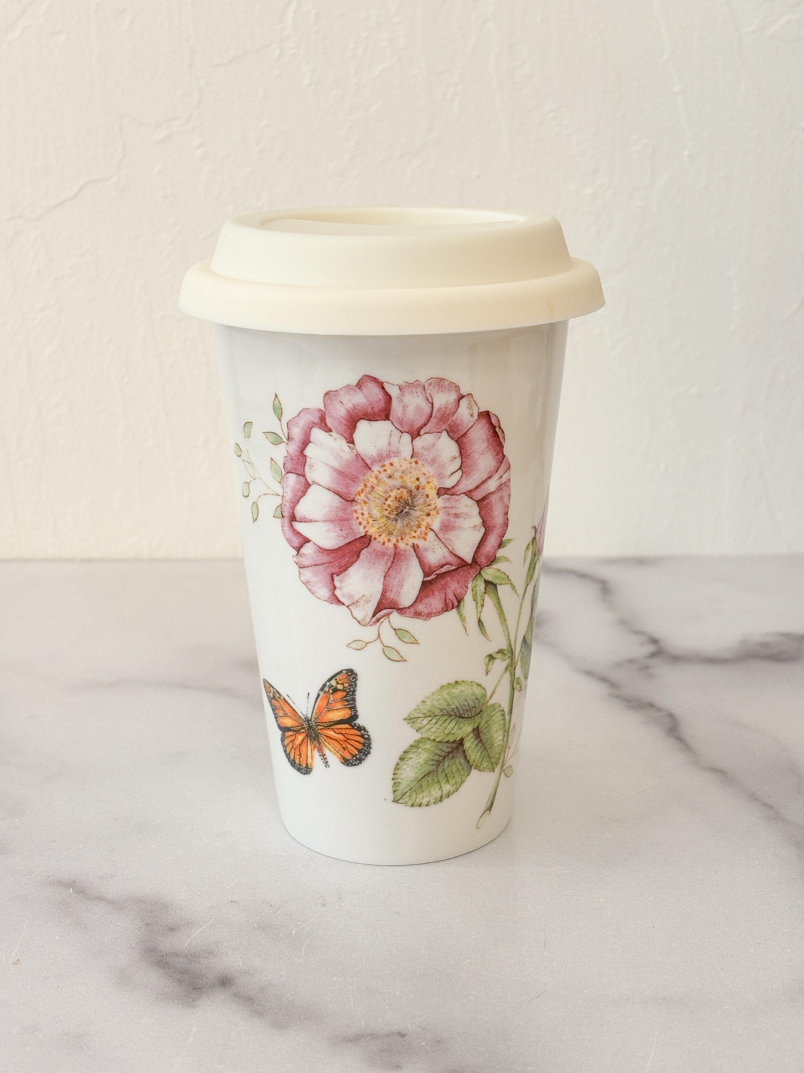 Lenox Butterfly Meadow Thermal Travel Mug 10oz Doublewall Porcelain with Lid