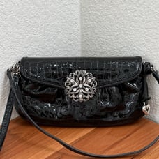 BRIGHTON Empress Black Croc Patent Leather Silver Flower Wristlet Mini Shoulder