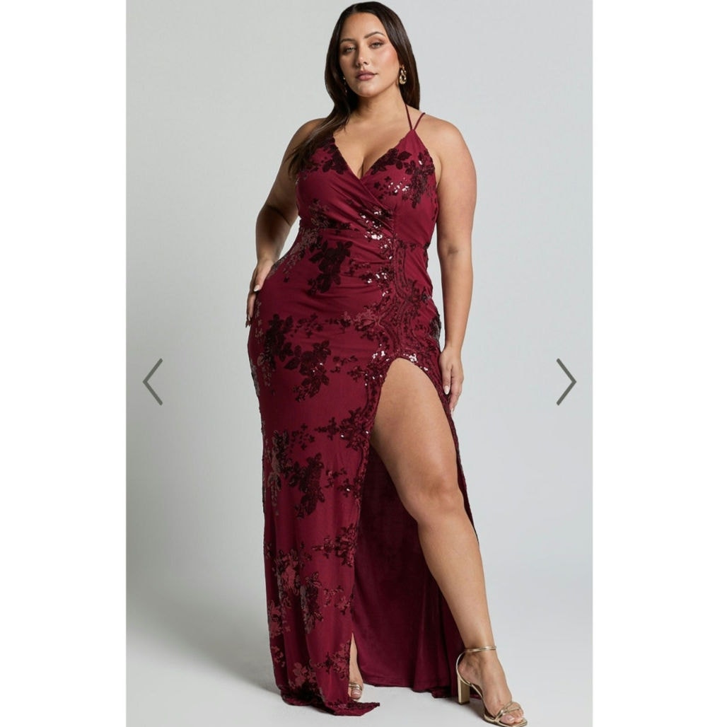 NWT Showpo Out til Dawn Thigh Split Maxi Dress Wine Sequin 14 Cocktail Holiday