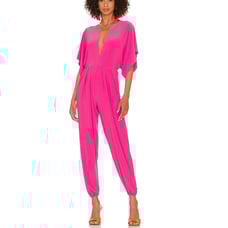 Norma Kamali Rectangle Jog Jumpsuit Barbie Pink SMALL Plunging Velvet Kimono NEW