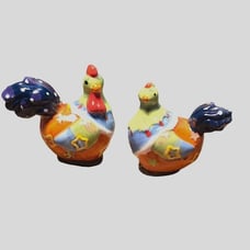 Retro Patchwork Colorful Chicken Ceramic Salt & Pepper Shakers Kitschy