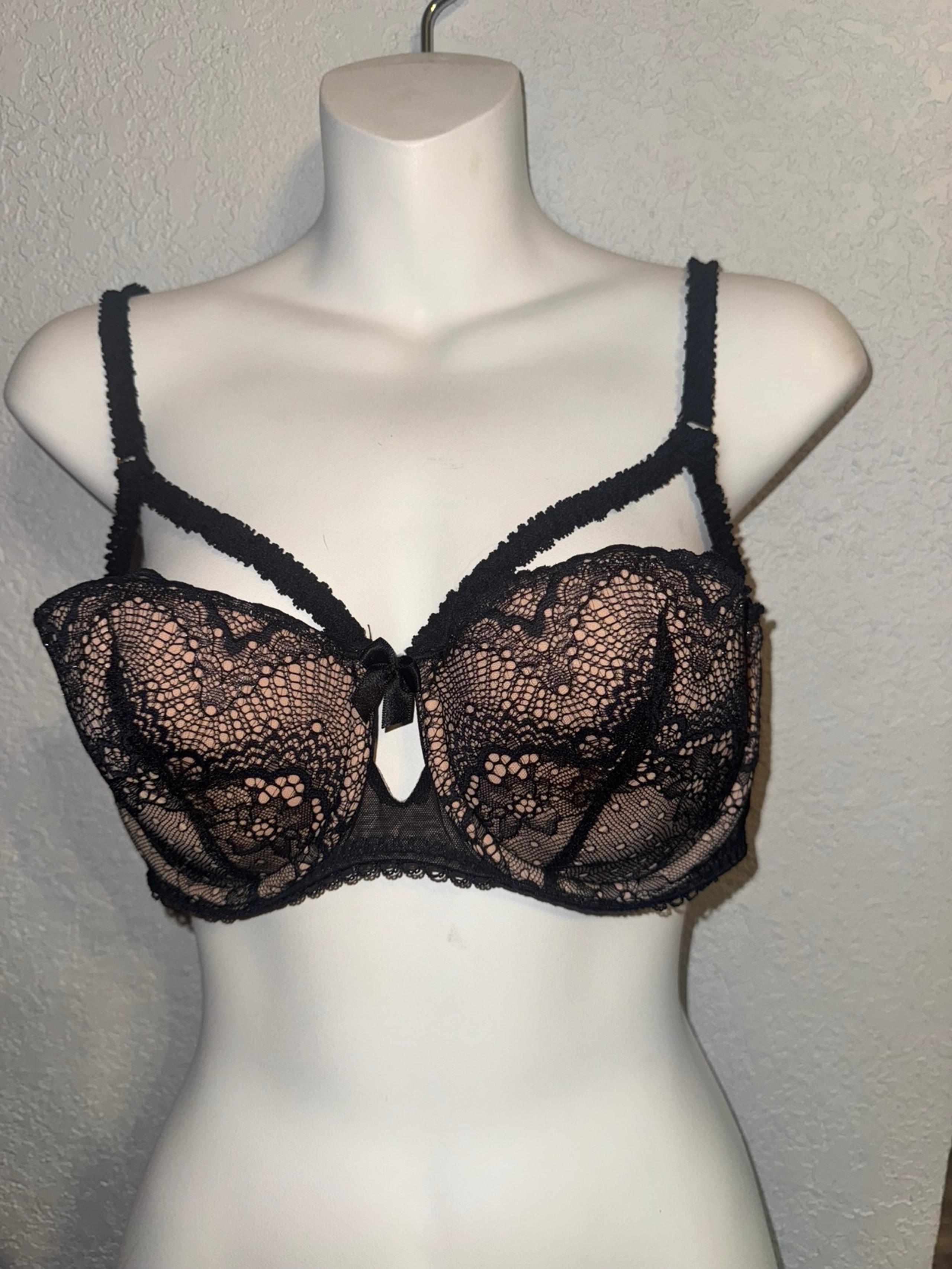 Adore Me kimmy black lace balconette strappy pushup bra Sz 36C Sexy Lingerie