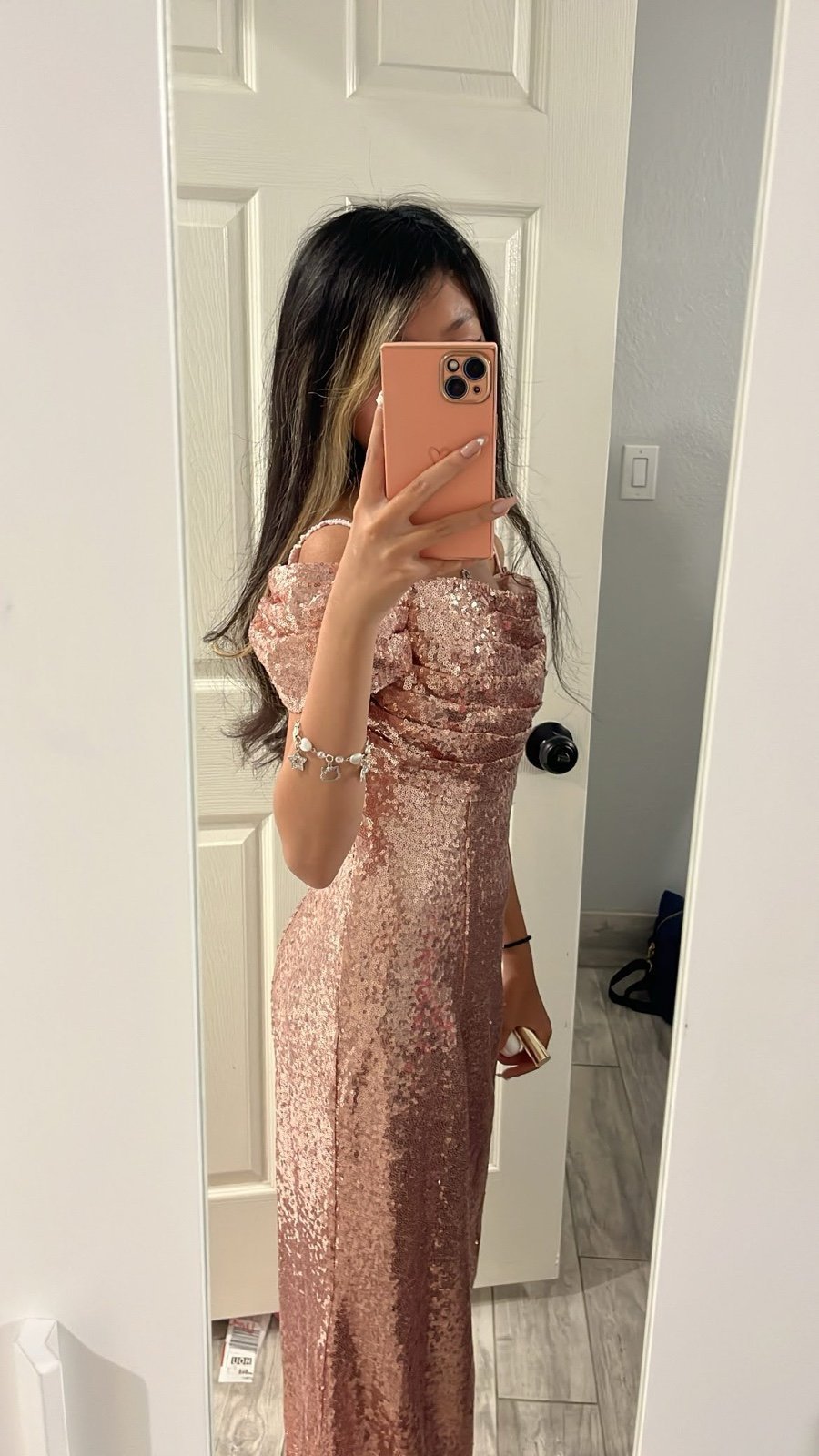 Long rose gold pink sequence dress