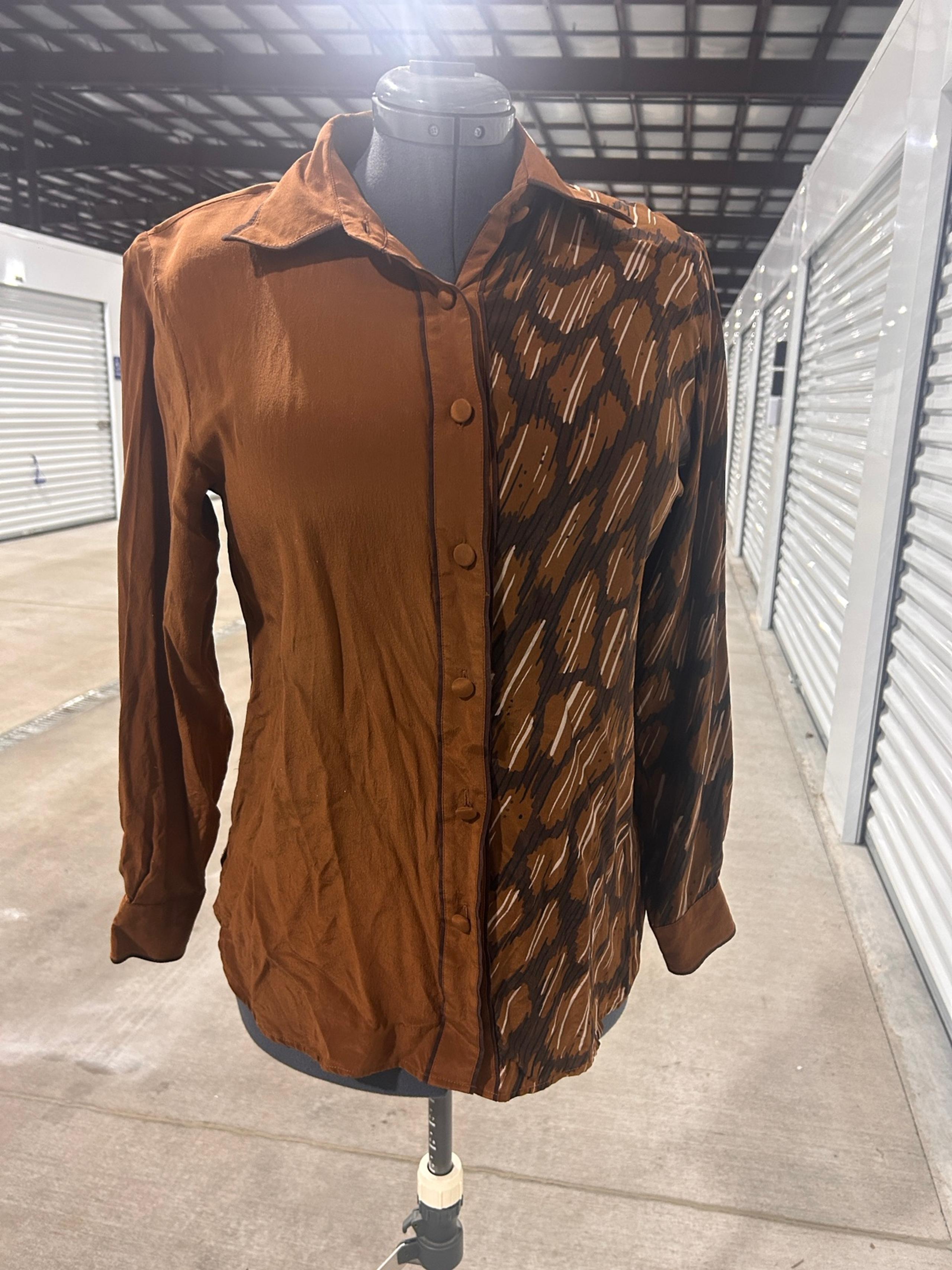 Vintage 80's Bob Mackie Wearable Art 100% Silk Brown Button Down Shirt