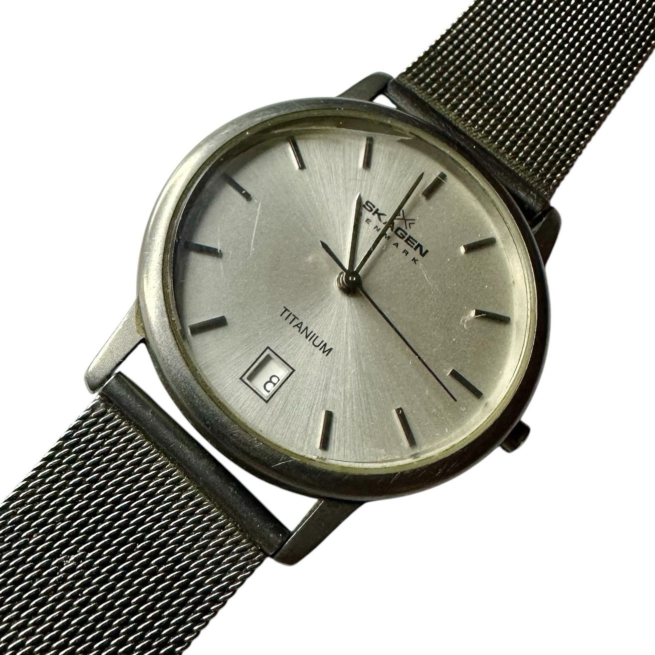 Skagen Titanium Watch 170LTTW Men’s Silver Tone Date Mesh Band New Battery