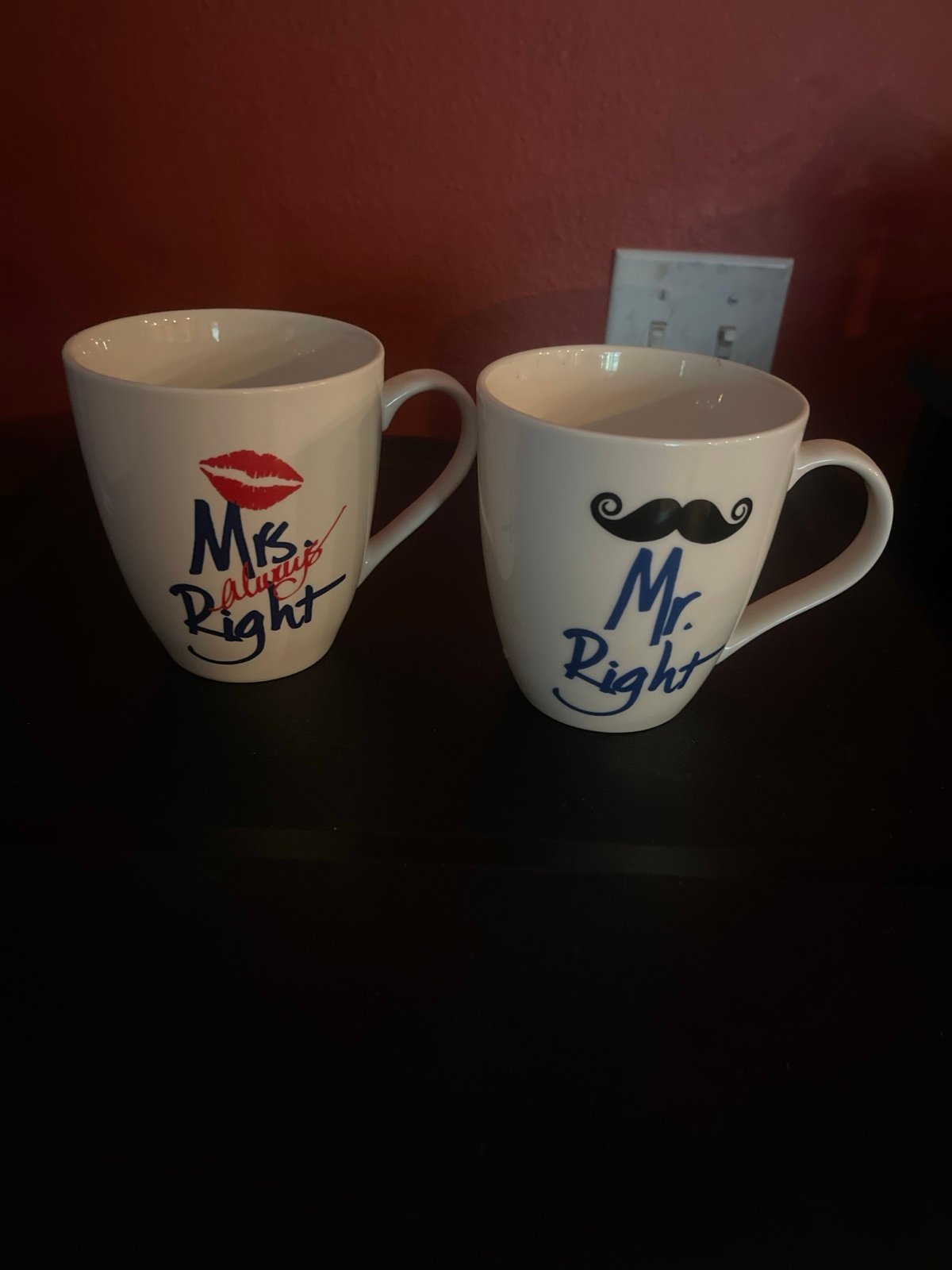 Mr Right and Mrs. Always Right coffee cups