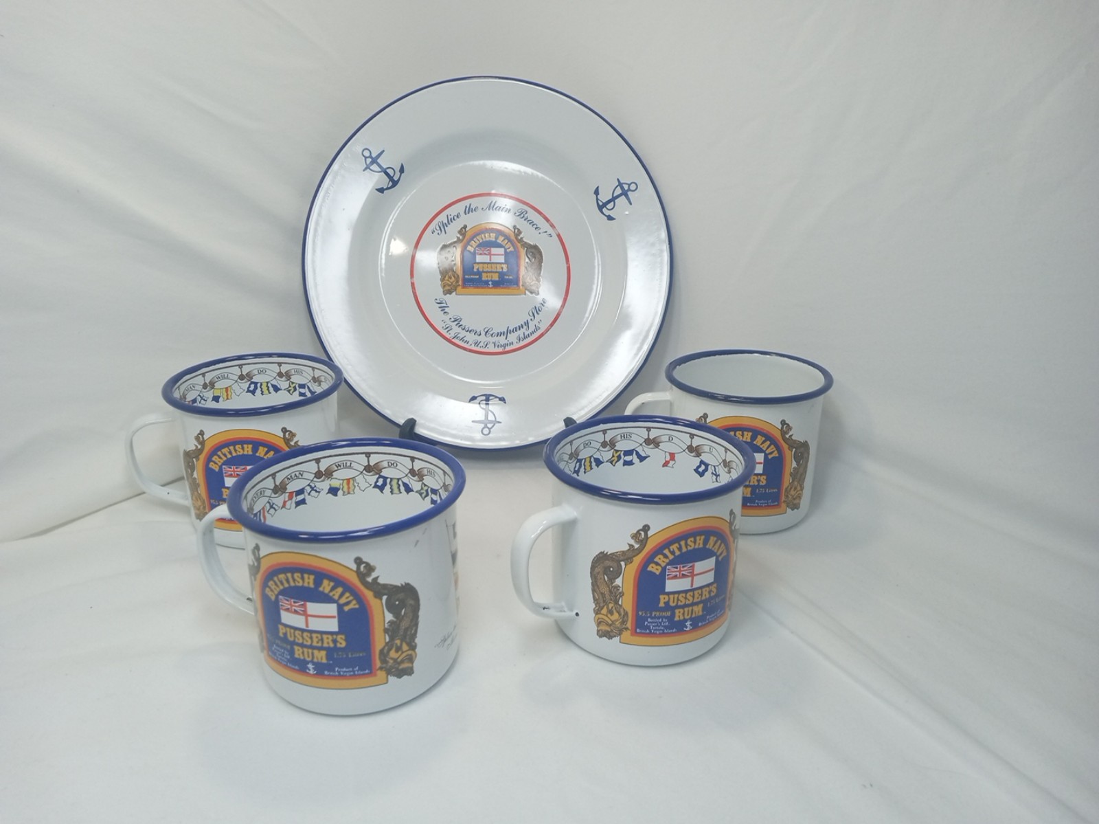 VTG British Royal Navy The Pusser's Company Rum Store Enamel Tin Plate & Mug 5Pc