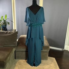 Women’s Blue 2 Piece Chiffon Formal Wedding Pantsuit Zip Up Back Size 16