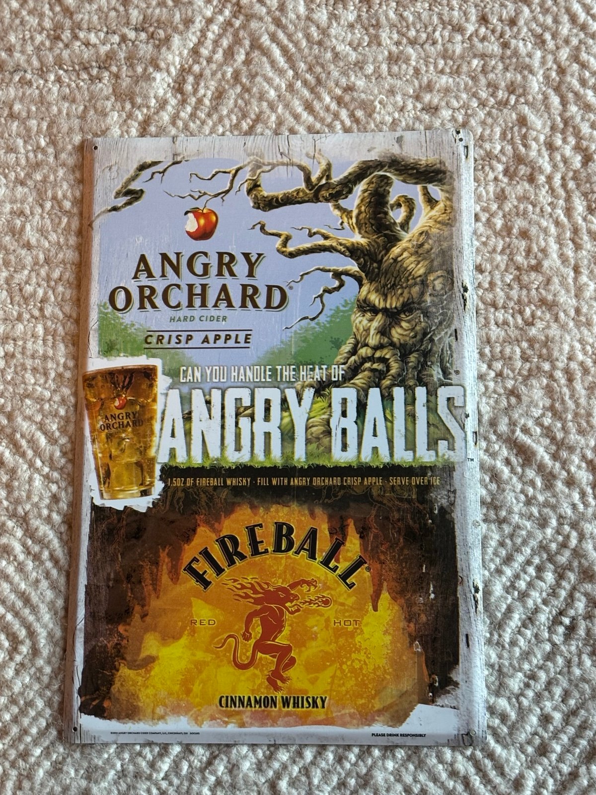 Angry Orchard Hard Cider Angry Balls Fireball Whiskey 17.5x11.5” Beer Metal Sign