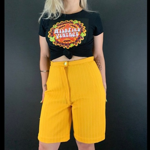 60s/70s Mustard Yellow Textured Polyester Long Shorts
