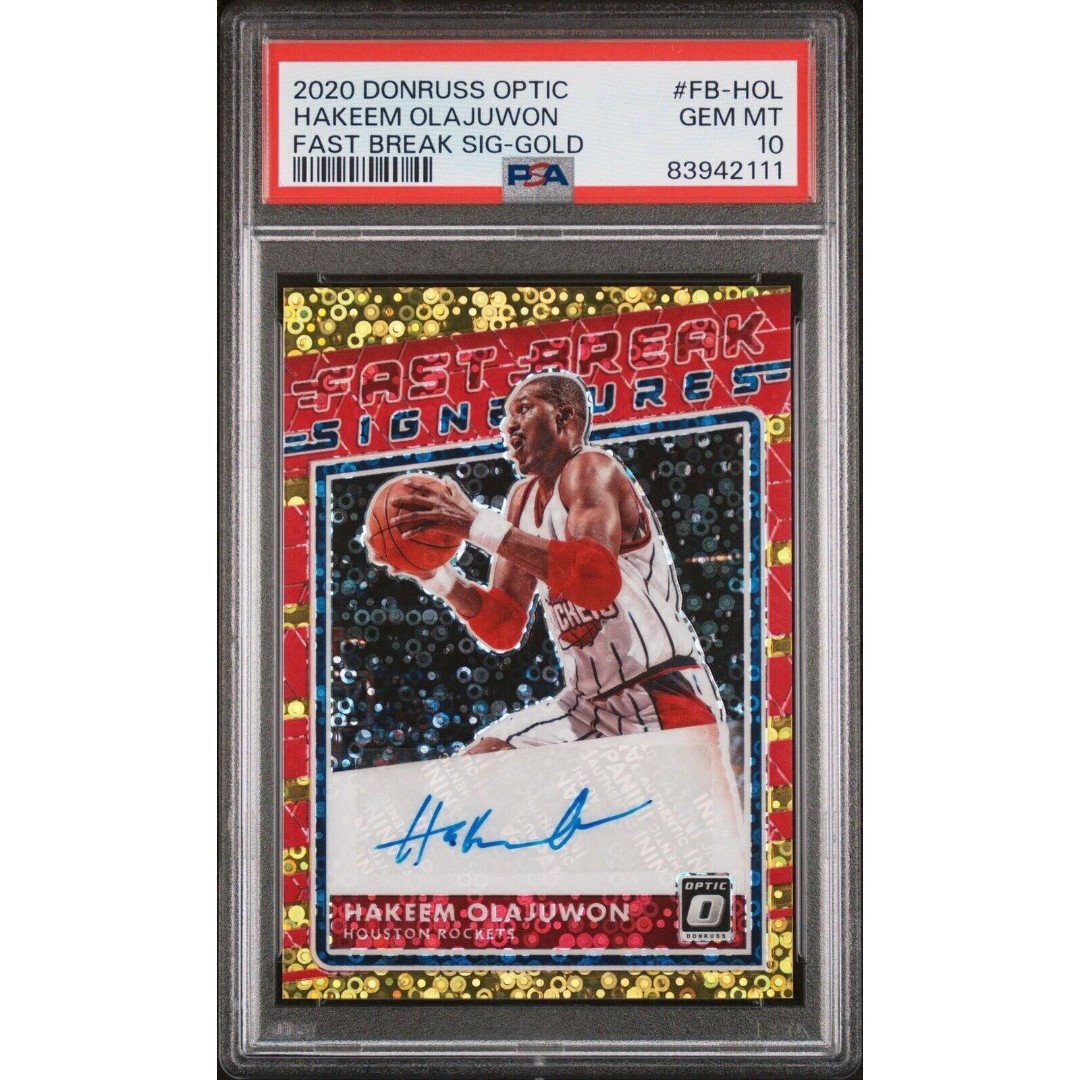 2020-21 Panini Donruss Optic Fast Break Gold Hakeem Olajuwon AUTO /10 PSA 10