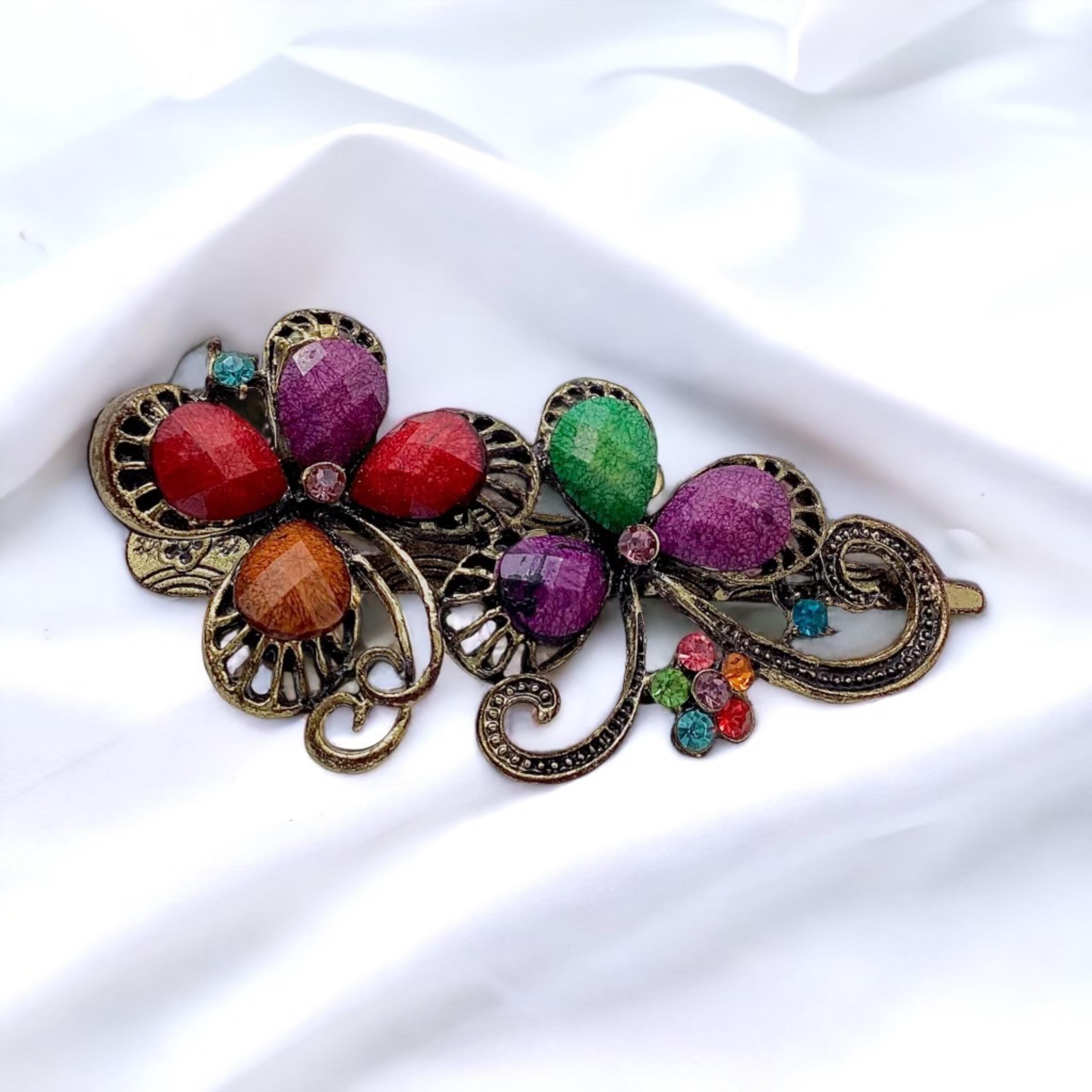 Floral Har Clip Barrette Antiqued Gold Tone Multicolor Rhinestones Casual