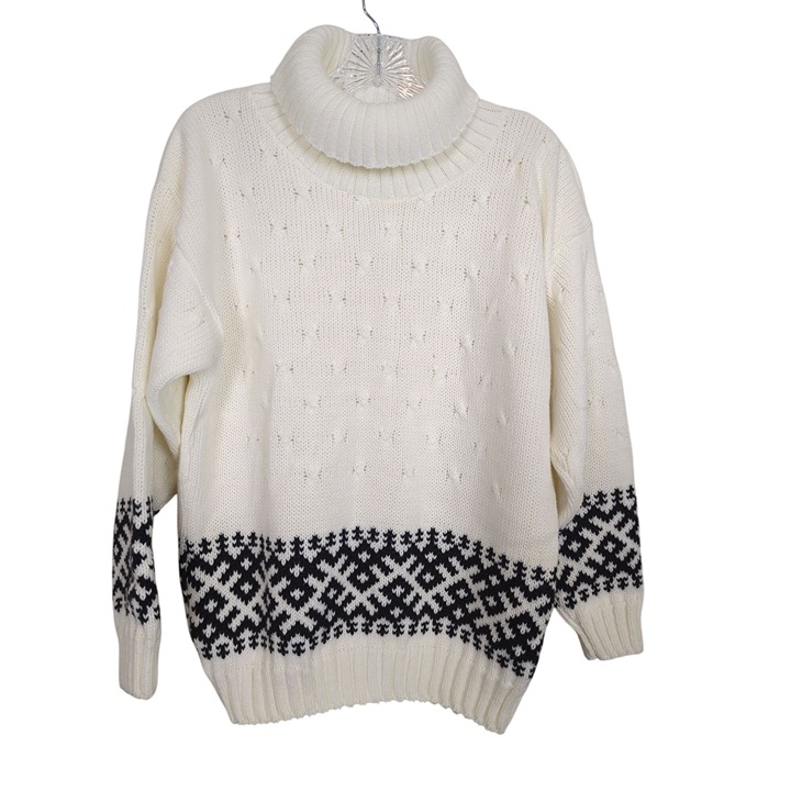 Vintage JOLIE Nordic Sweater With Turtleneck & Black Geometric Pattern sz M / L