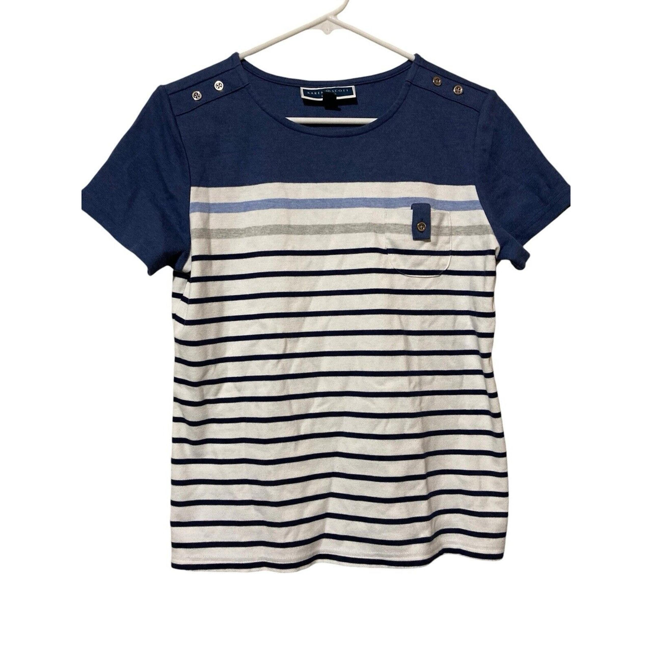 Karen Scott Sport Womens Petite Large PL Blue Striped T Shirt Button Accent