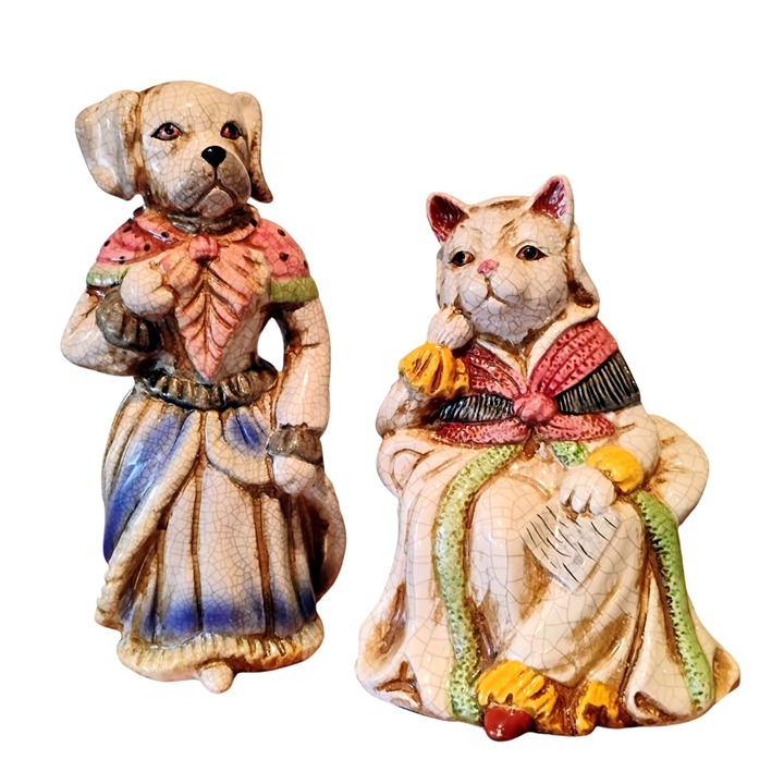Large Set of 2 Ceramic Victorian Dress Anthropomorphic Cat Dog Figurines