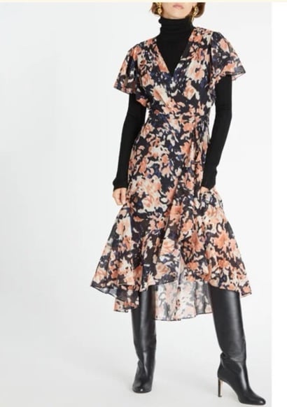 Tanya Taylor Brianna Faux Wrap Flutter Sleeve Ruffle Dress Size 10