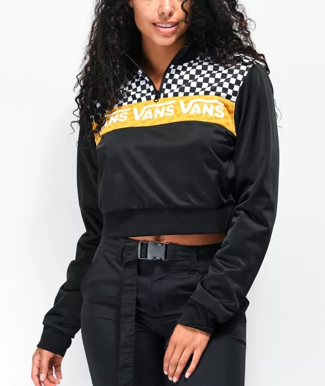 Vans Sweatshirt Women Size Medium Black 1/4 Zip Cropped Long Sleeve Pullover