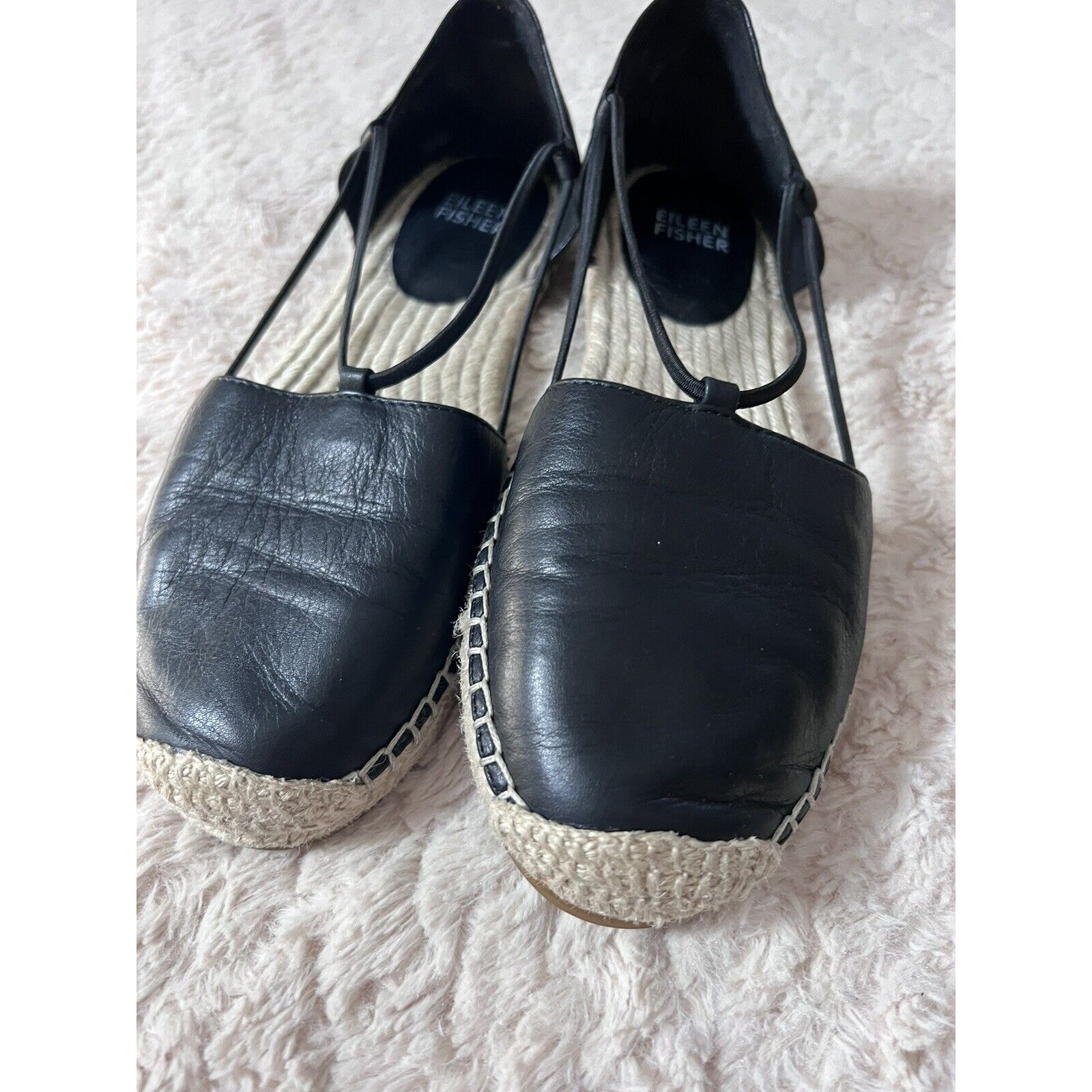 Eileen Fisher Women’s Lee Espadrille Flat Black Leather Sandal Shoes Size 6