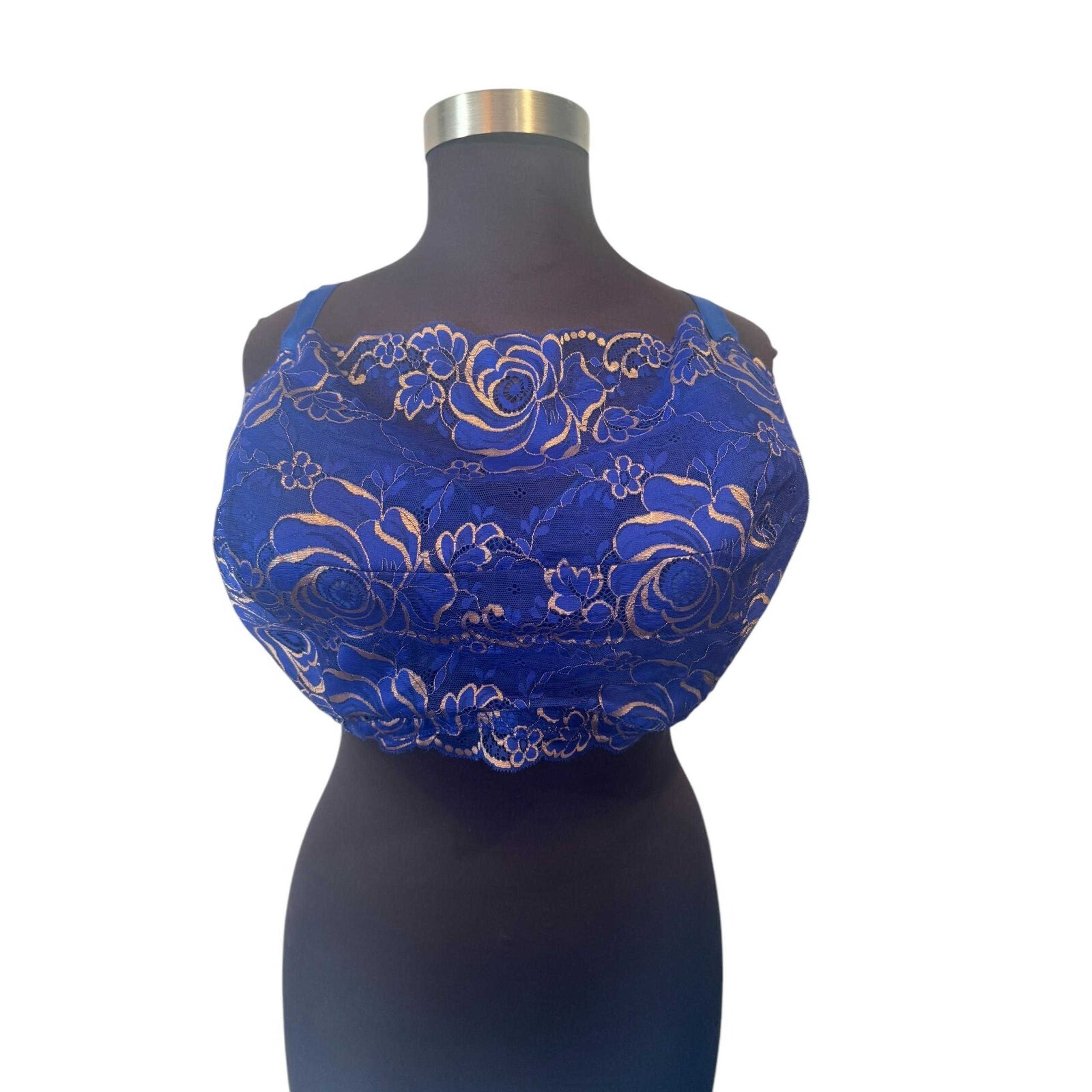 Comfort Choice Bra Size 50DDD Blue Lace Wireless Cami Blue Gold Lined Floral