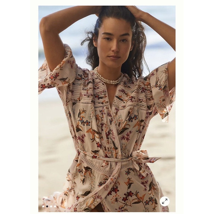 Anthropologie Pintucksd Eyelet Kimono Robe Size Small S Floral Print NWT