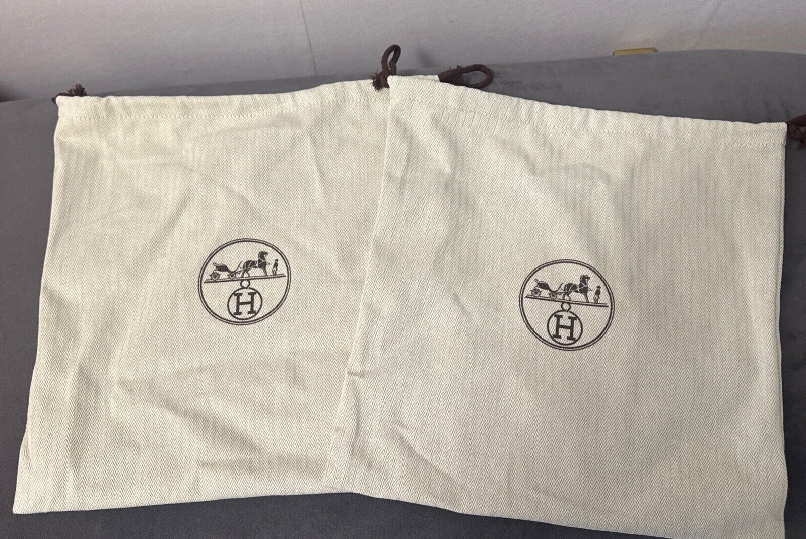 New Two Hermes logo shoe Heavy Herringbone dust bags, storage. 12.5x12”