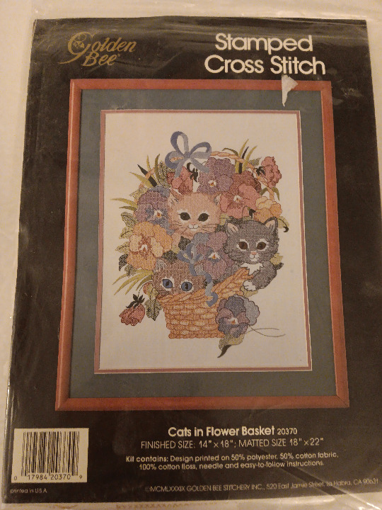 Golden Bee 20370 Cats In Flower Basket Vintage 1989 Stamped Cross Stitch Kit