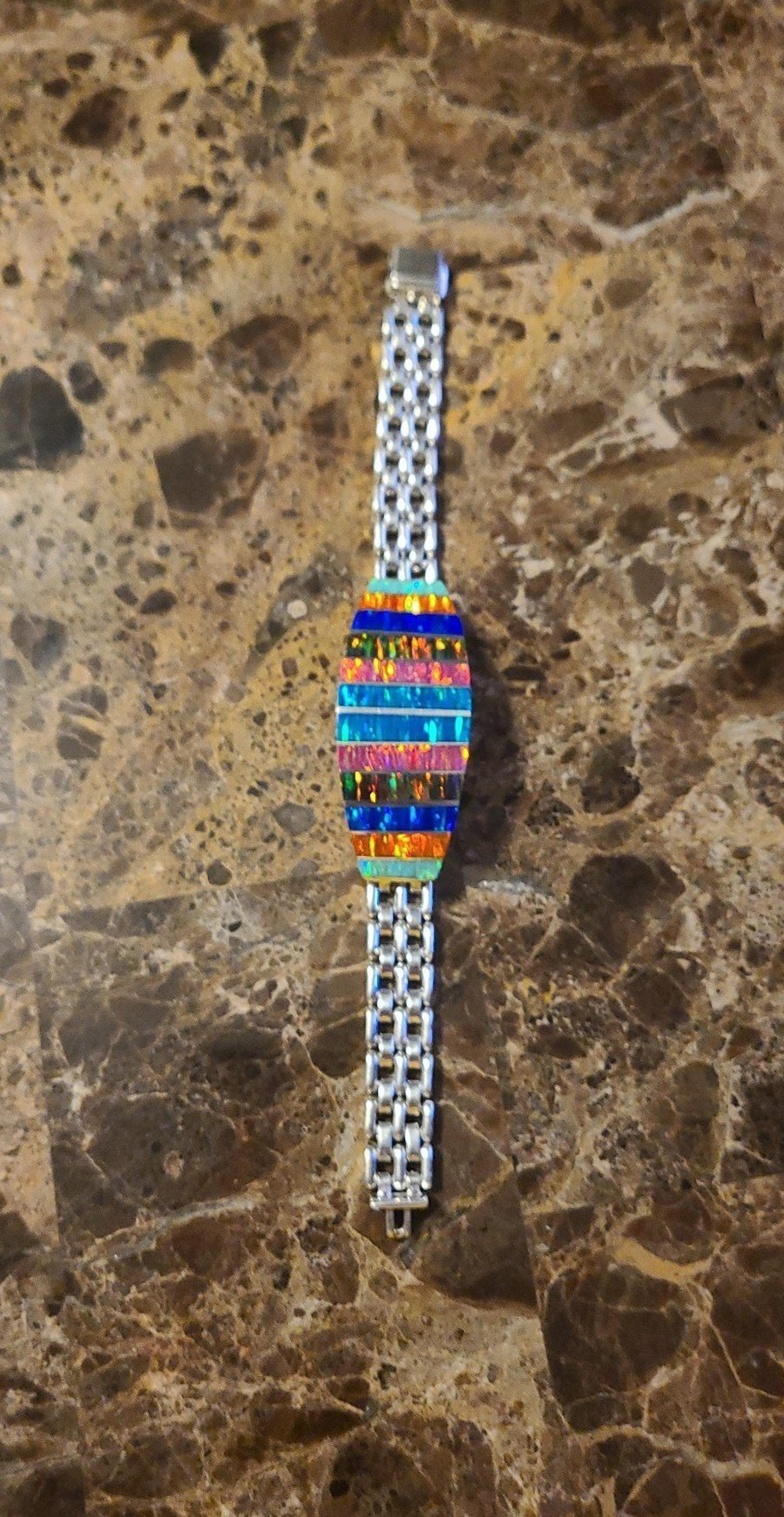 Multicolor Inlay Fire Opal Sterling Silver 9.50 Taxco
