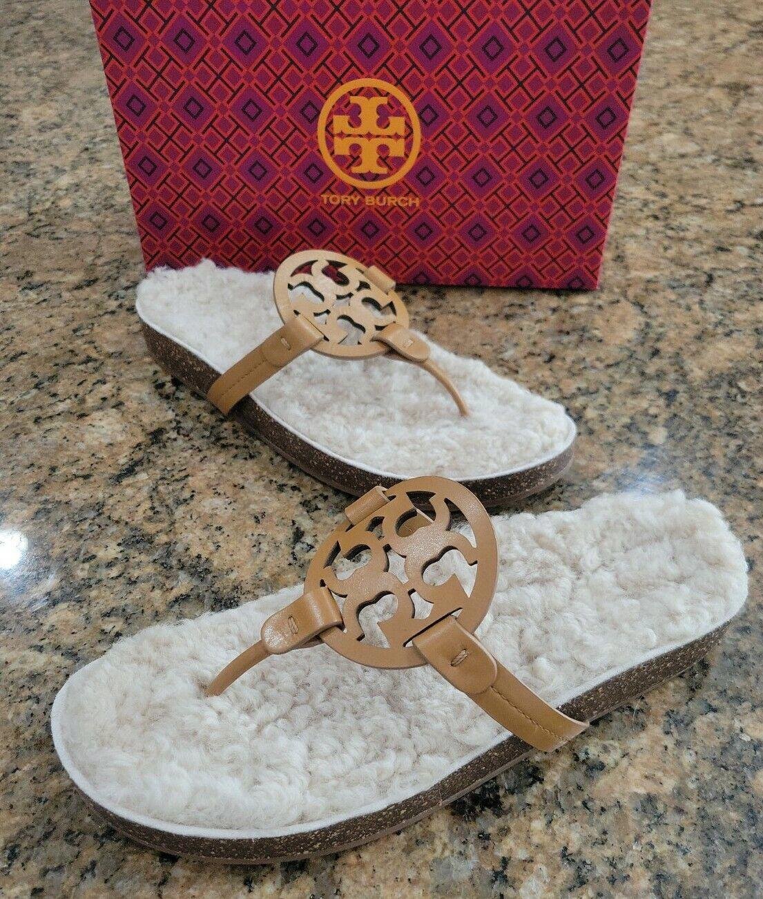 Tory Burch Miller Cloud Shearling Leather Sandal Thongs Shoe Carmel 10 New 268