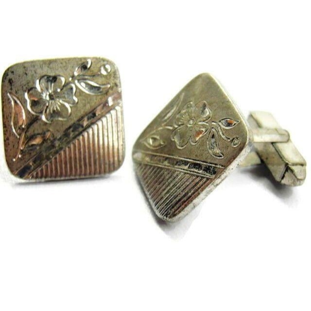 Wells Engraved Flower Vertical Lines Sterling Silver 925 Vtg Patina Cufflinks