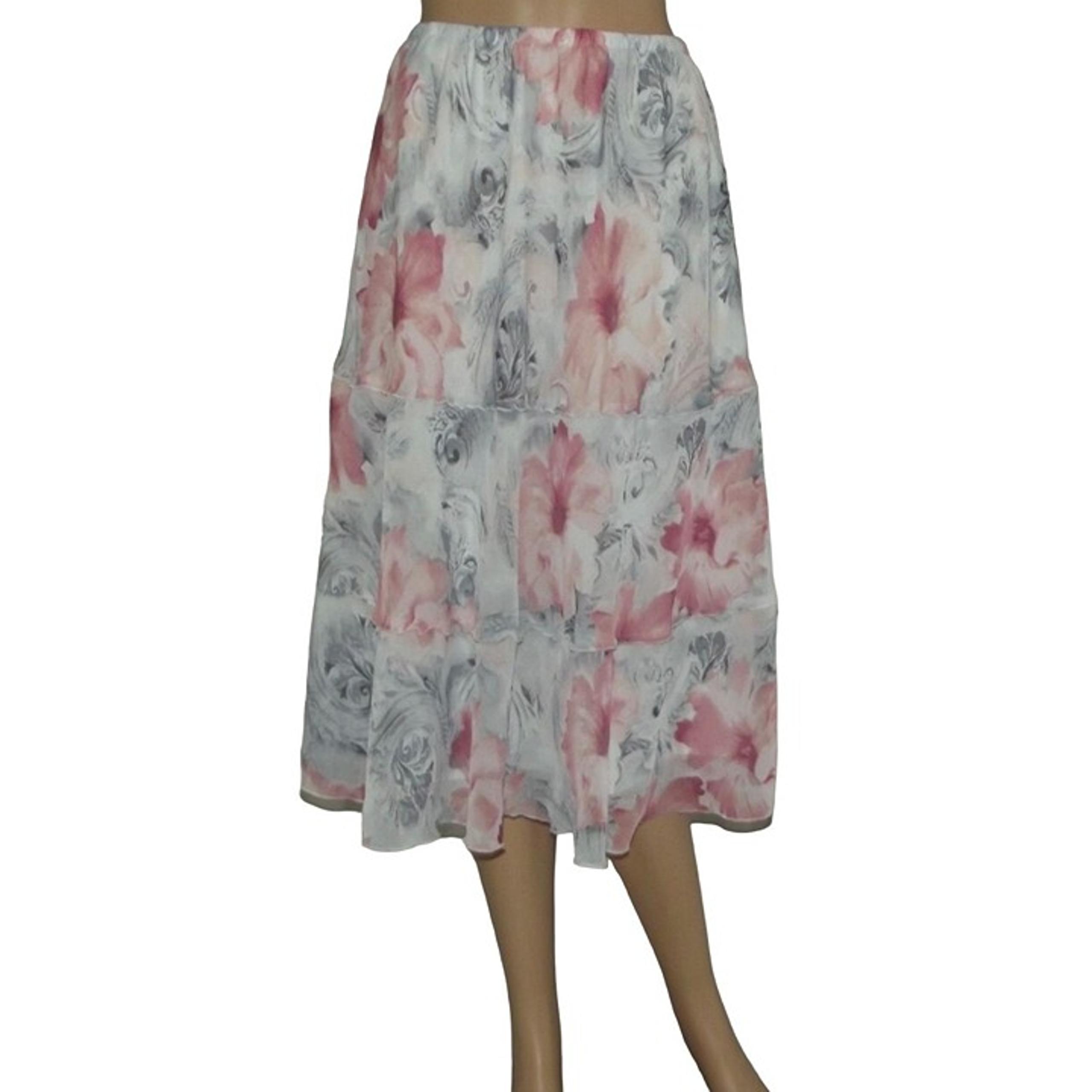 Alfred Dunner Midi Skirt Petite PM floral flowy a-line tiered coral pink gray