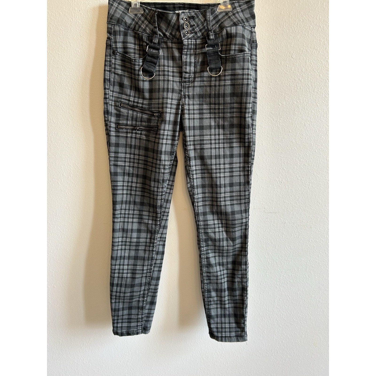 Denim Plaid Hi-rise Super Skinny Pants Black Gray Womens Sz 9 Hot Topic VTG 90s