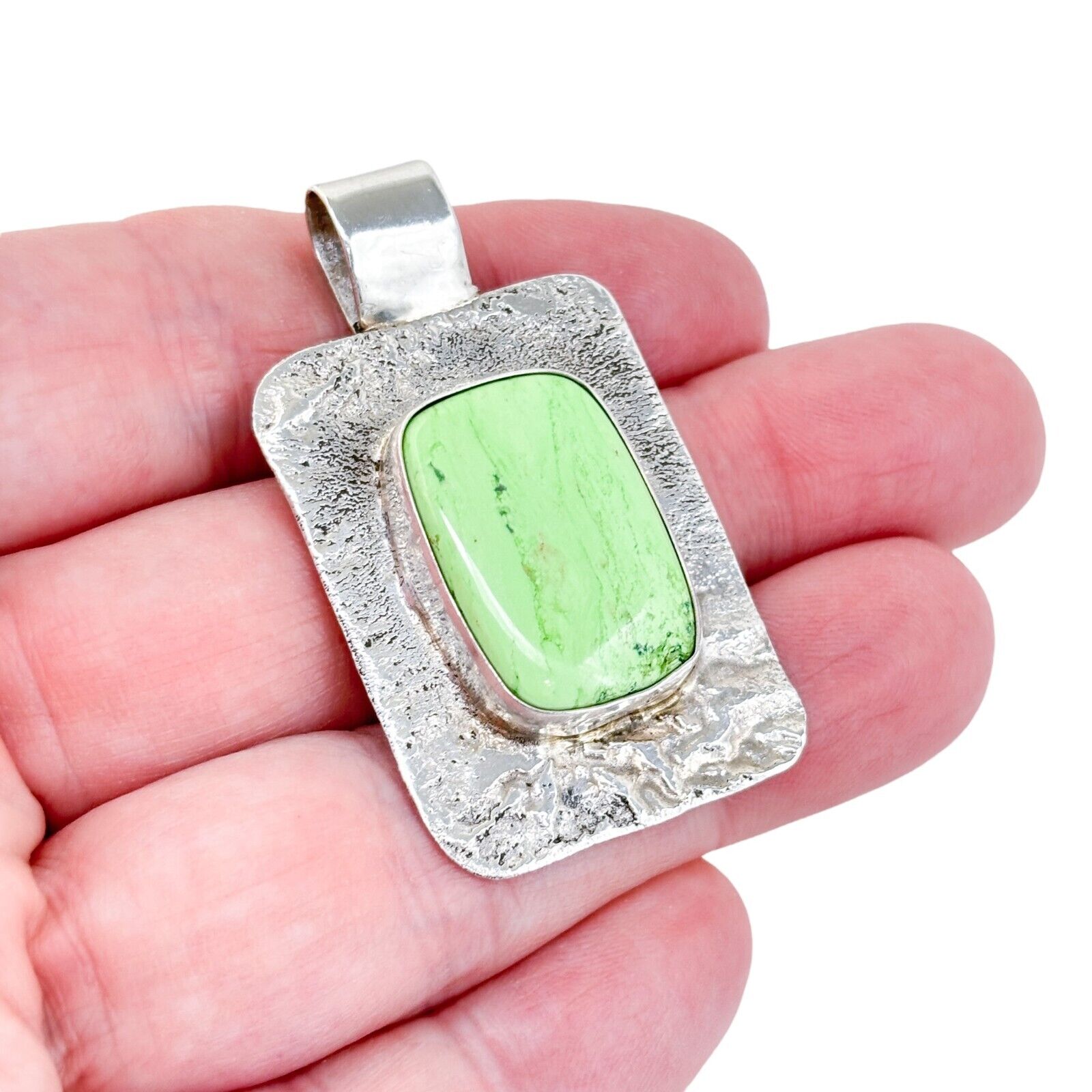 Vintage Artisan Sterling Silver 925 5cm Gaspeite Textured Pendant