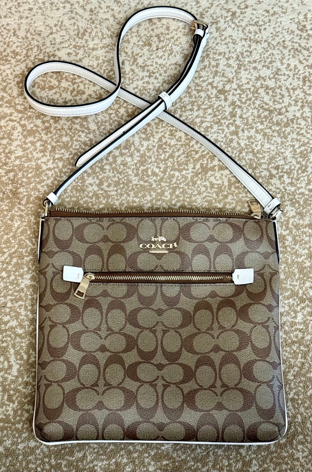 Coach Rowan File Bag Crossbody Purse in Signature Canvas Khaki Chalk White C1554