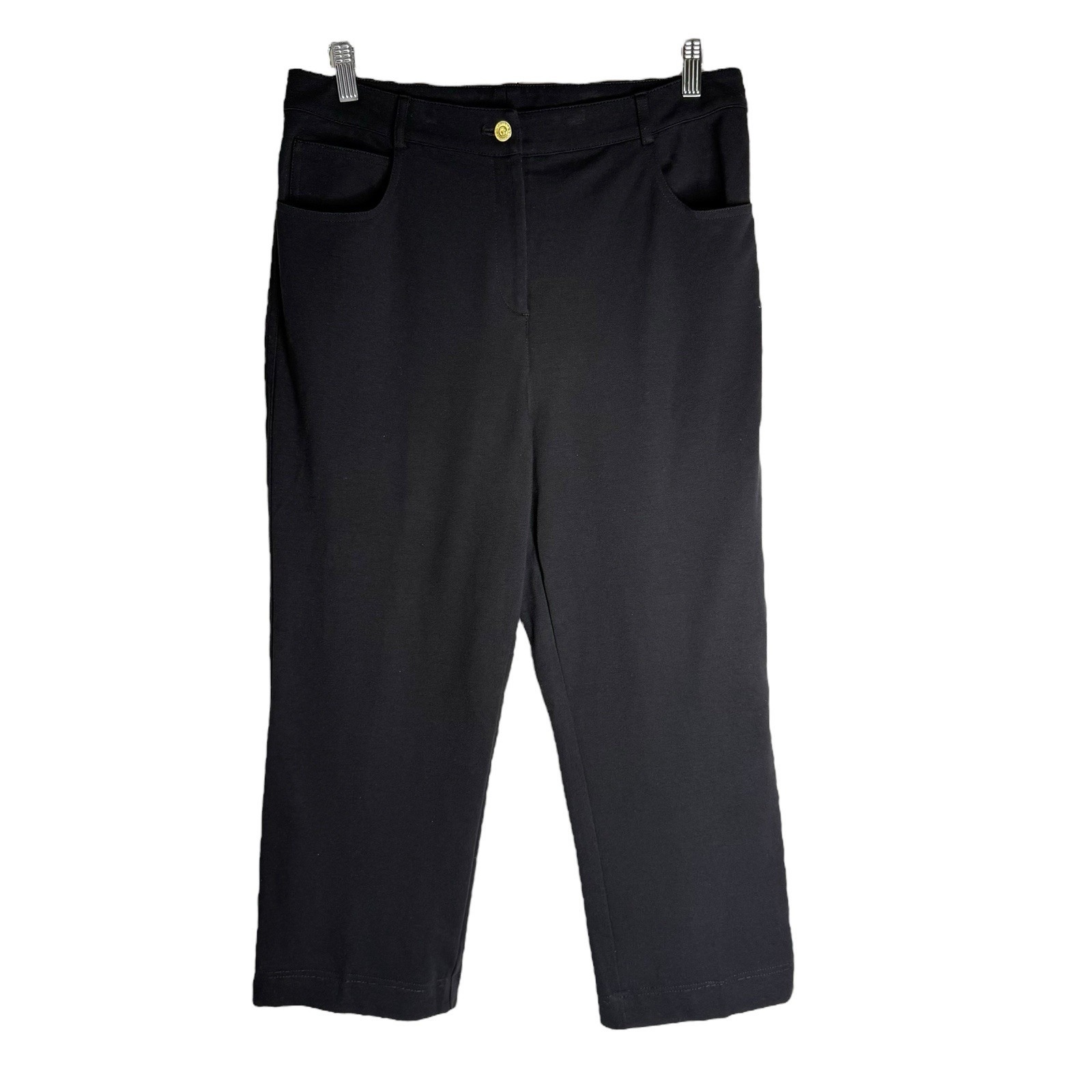 St John Pants Womens 10 Black Wide Leg Cropped High Rise Stretch Designer USA