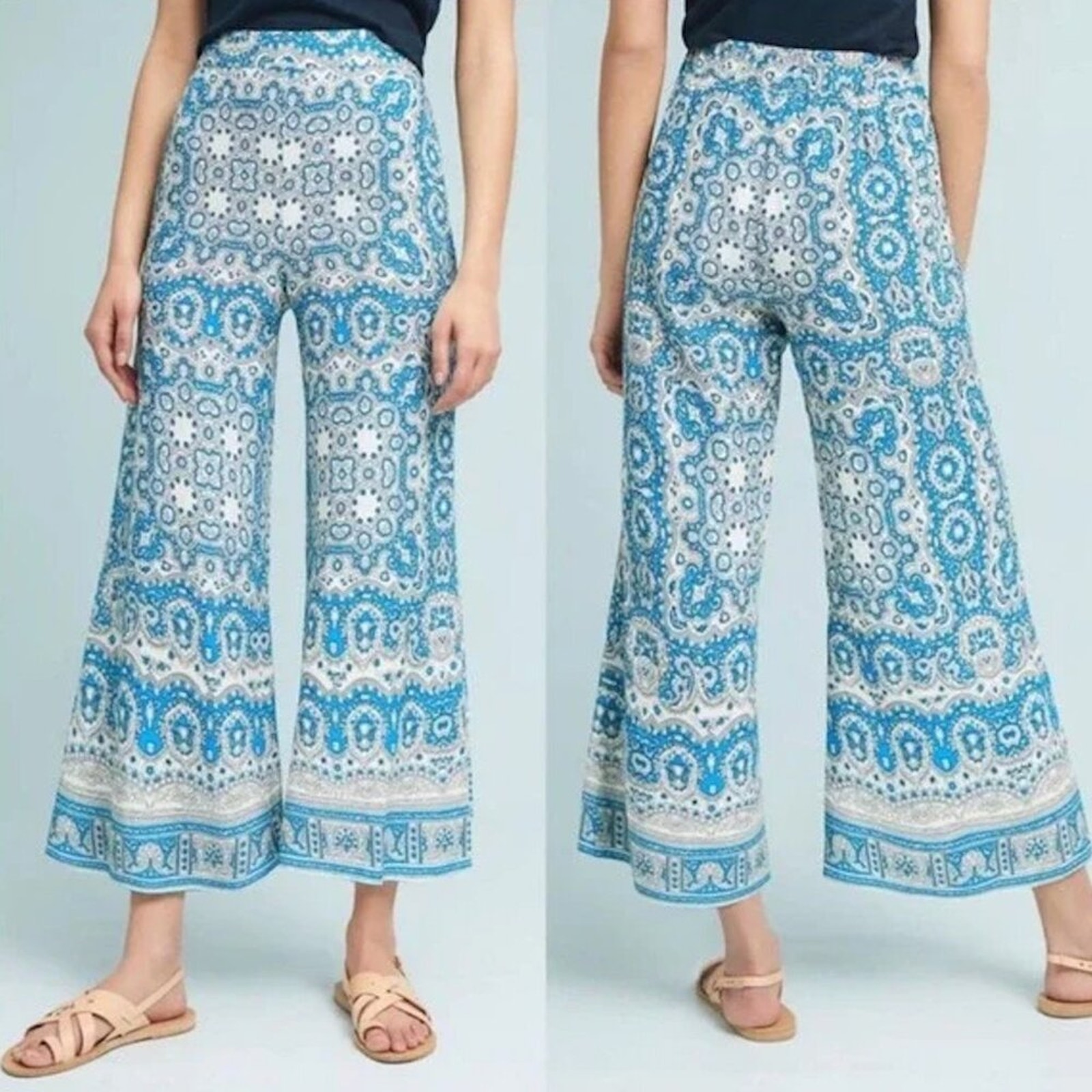 Anthropologie Feather Bone Talese Wide Leg Pants Blue Motif Size US 4